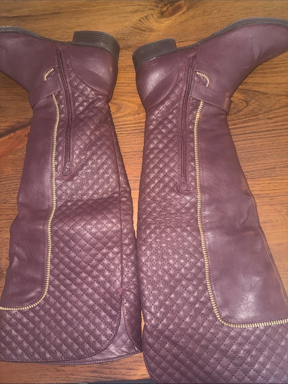 Quilted Over-the-Knee Riding Boots in Burgundy with Gold Accents